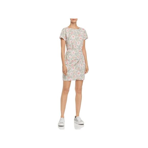 REBECCA TAYLOR Womens Gray Floral Short Sleeve Crew Neck Short Sheath Dress XS